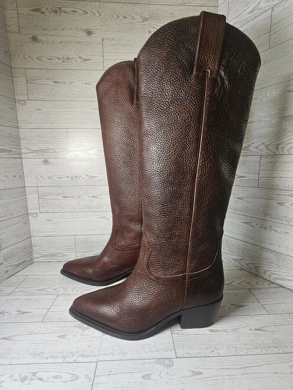 NWT ZARA Brown Pebbled Leather Western Cowboy Boots Women's 6.5 EUR 37
